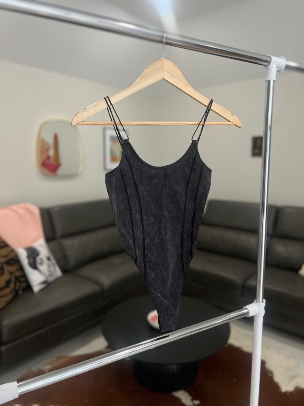 Forever 21 distressed black thong bodysuit Sz XS